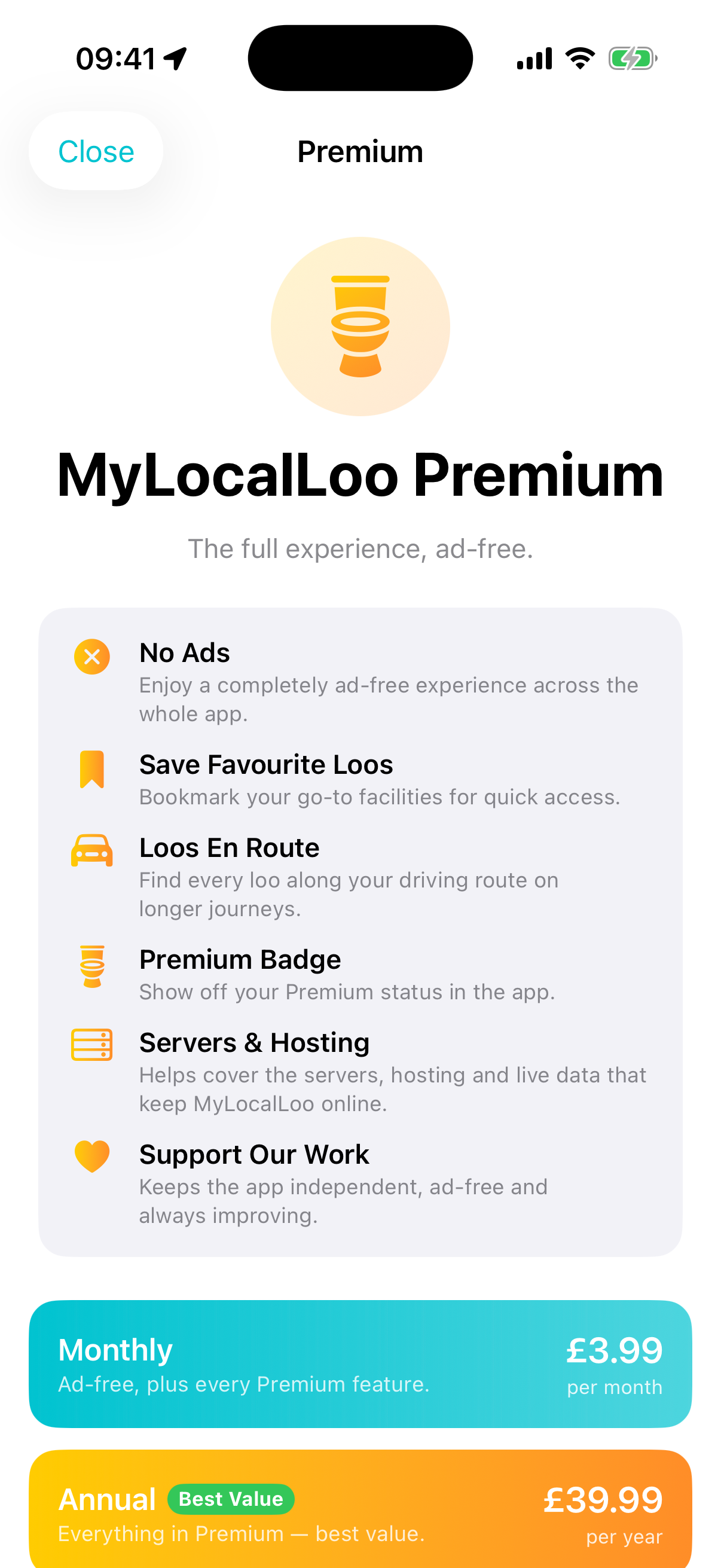 MyLocalLoo Premium screen